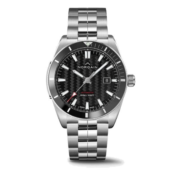 NORQAIN Adventure Sport 42mm Men's Watch, Black Pattern Dial and Stainless Steel Bracelet