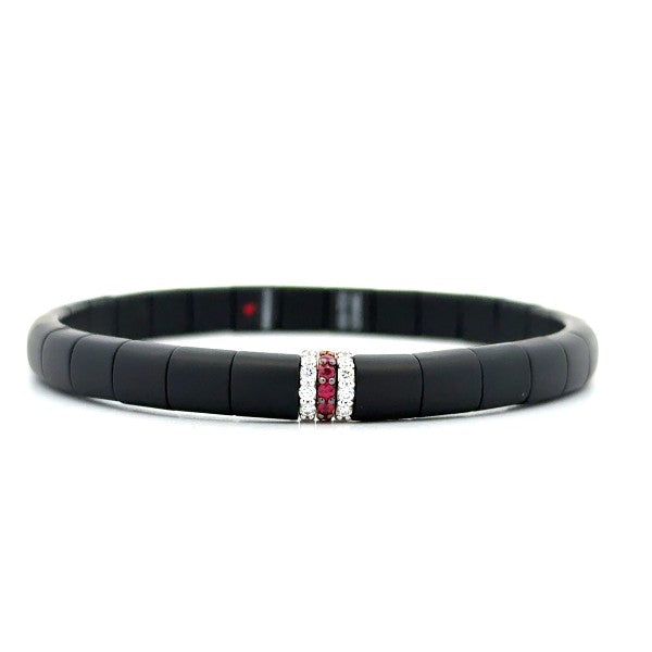 DEMEGLIO Matte Black Ceramic, Diamond and Ruby Bar Stretchable Bracelet
