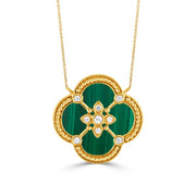 18K Yellow Gold and Diamond Clover Malachite Necklace