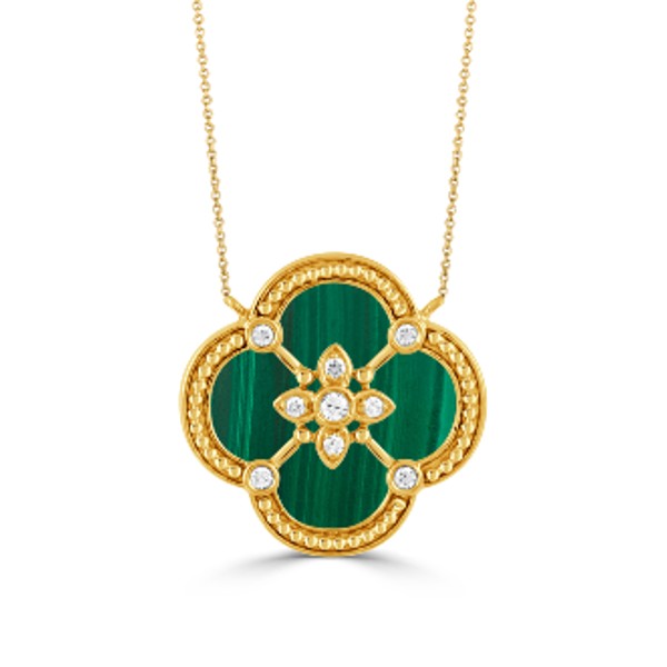 18K Yellow Gold and Diamond Clover Malachite Necklace