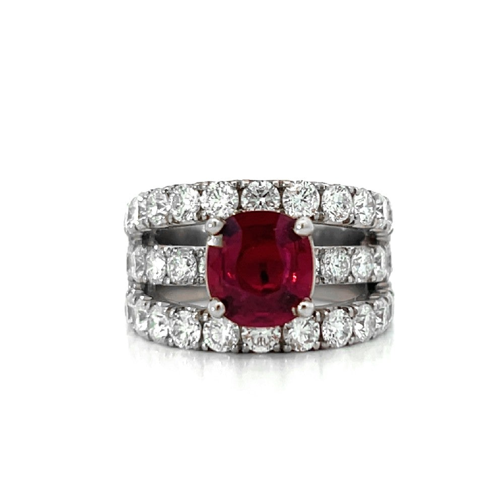 18K White Gold 3-Row Diamond and Ruby Fashion Ring