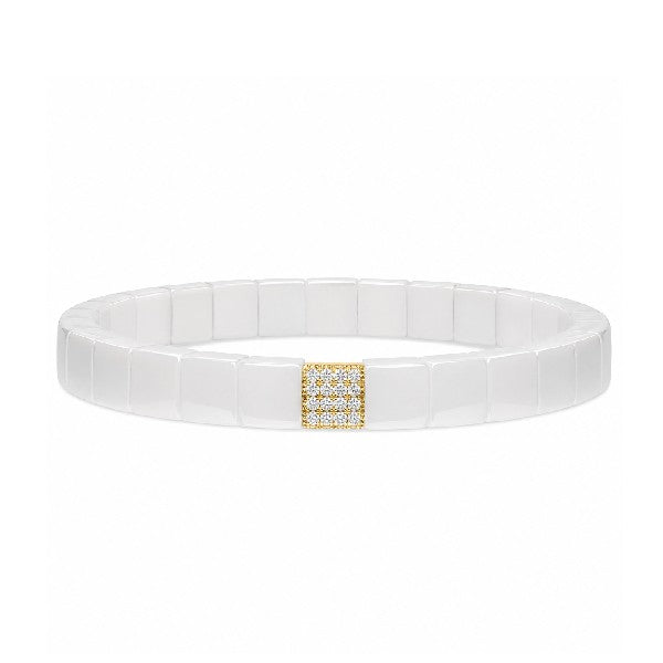 DEMEGLIO Shiny White Ceramic and Yellow Gold Diamond Station Stretchable Bracelet