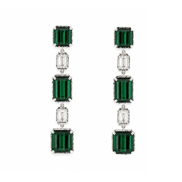 18K White Gold Alternating Green Tourmaline and Diamond Drop Earrings