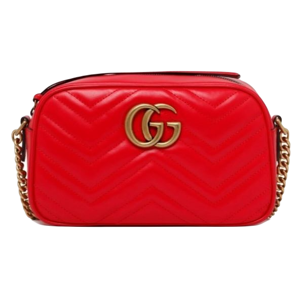 Pre Owned GUCCI Calfskin Matelasse Small GG Marmont Chain Shoulder Bag Hibiscus Red Mazzarese Jewelry