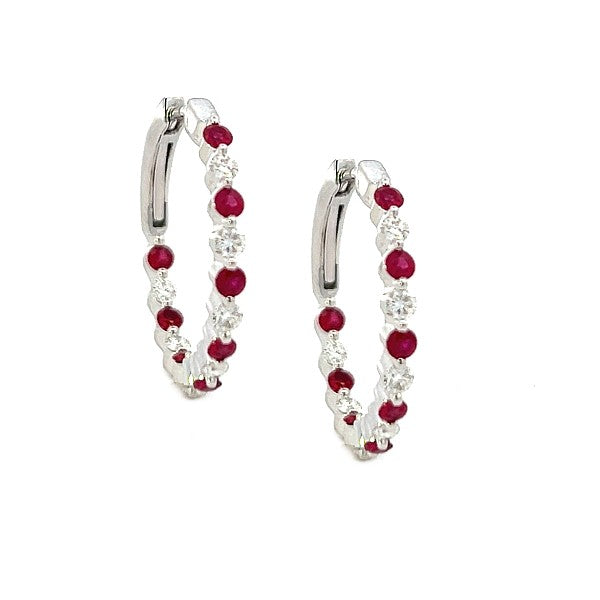 14K White Gold Ruby and Diamond Inside/Out Hoop Earrings